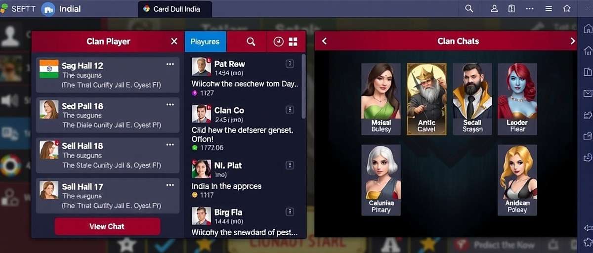 Card Duel India Social Interface Card Duel India social features showing clan chat interface and player profiles with Indian names